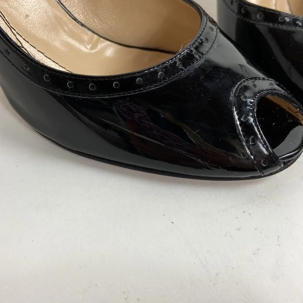 Kate Spade Giselle Oxford Patent Leather Peep Toe Perforated Trim Black Heels